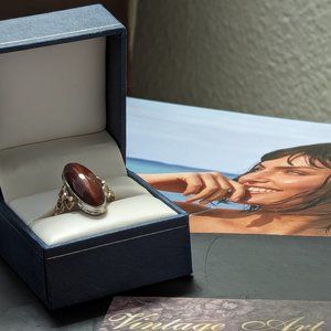 Antique Romance Ribbon Huge Cabochon Tiger eye 925 sterling and 10k gold filled